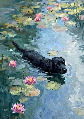 Black Labrador Swimming in Lily Pond Painting