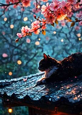 Cat on Roof with Cherry Blossoms