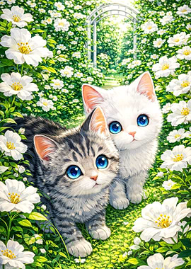 Two Cute Kittens in a Flower Garden