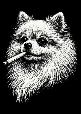 Pomeranian Dog Poster, Funny Smoking Dog Art, Black and White Pet Illustration Wall Print