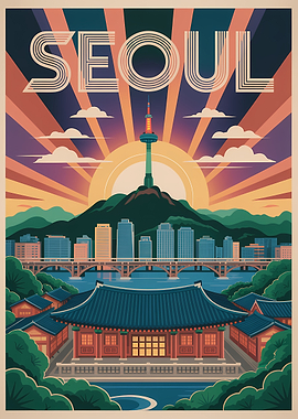 Seoul Travel Poster Art Deco Style