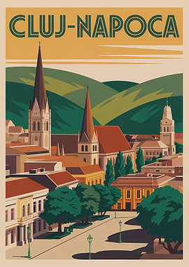 Cluj-Napoca Cityscape Vintage Travel Poster