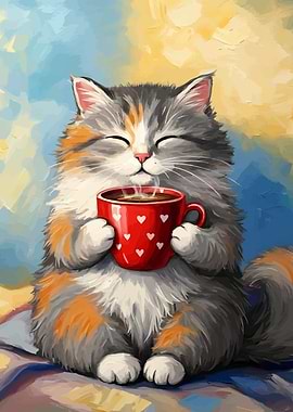 Cat with Coffee Cup Painting