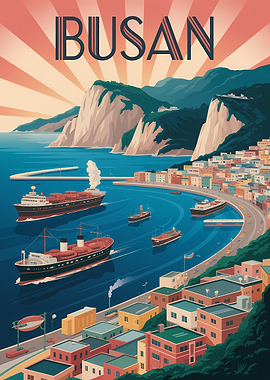 Busan Travel Poster Art Deco Style