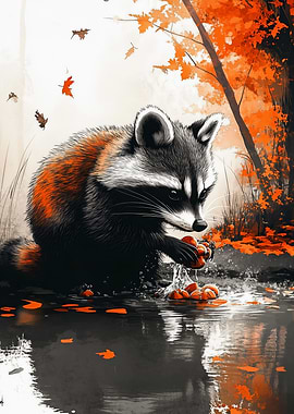 Raccoon Washing Food in Autumnal Setting