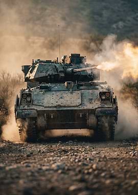 Military Tank Firing on Battlefield