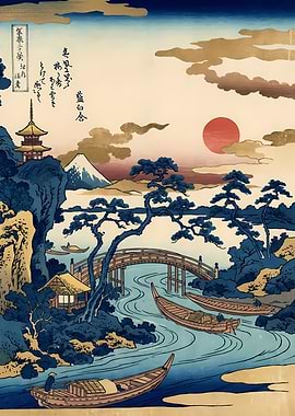 Japanese Landscape with Boats and Bridge
