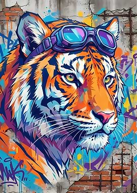 Colorful Tiger with Goggles Graffiti Art