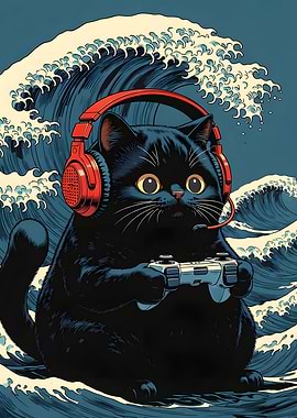 Gaming Cat with Waves