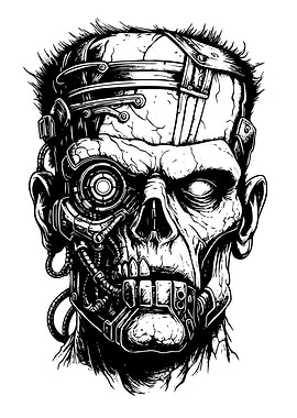 Cyborg Zombie Head Black and White