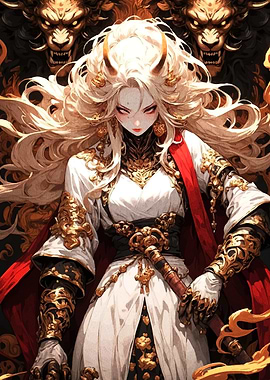 Horned Warrior Woman with Lions