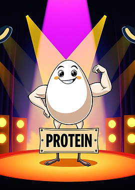 Cartoon Egg with Muscles and Protein Sign