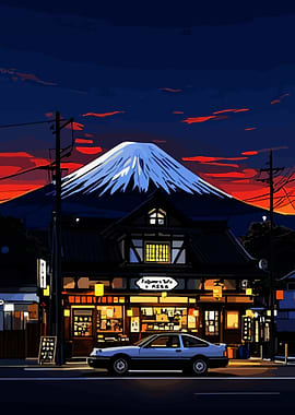 Japanese Building with Car and Mountain
