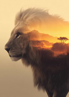 Lion and African Landscape Double Exposure