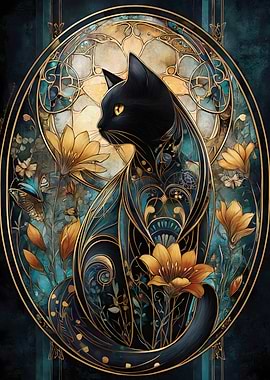 Elegant Black Cat Art Nouveau