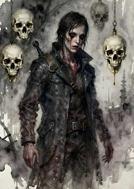 Dark Figure with Skulls and Red Eyes
