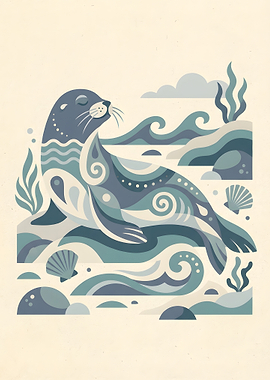 Stylized Seal Illustration with Ocean Elements