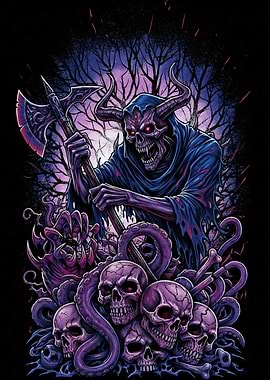 Grim Reaper with Axe and Skulls