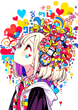 Colorful Anime Girl with Floral Headphones