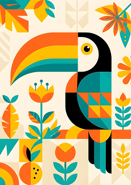 Geometric Toucan and Floral Pattern