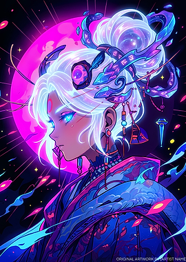 Neon Anime Girl with Cosmic Hair