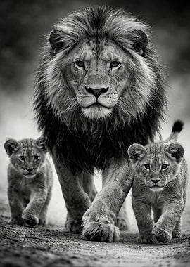 Lion and Cubs in Black and White