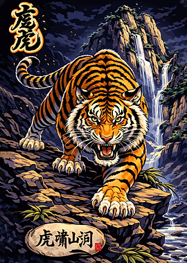 Roaring Tiger in Mountain Landscape