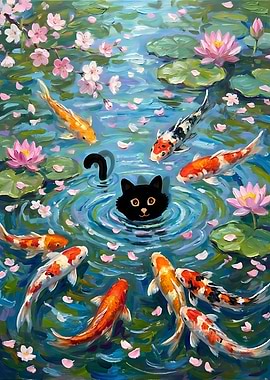 Black Cat in Koi Pond Painting