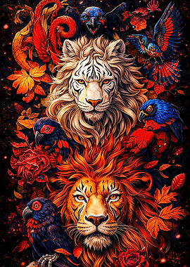 Lions and Birds Colorful Fantasy Art