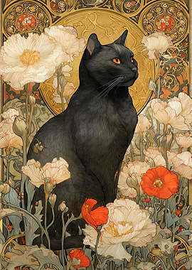 Black Cat in Floral Art Nouveau