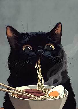 Black Cat Eating Ramen Illustration