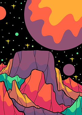 Colorful Space Landscape with Planets