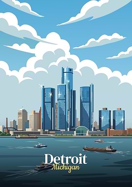 Detroit Michigan Cityscape Illustration