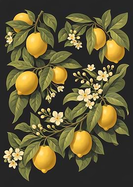Lemon branches with flowers on black