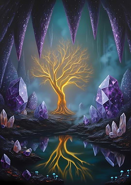Crystal Cave with Golden Tree Reflection