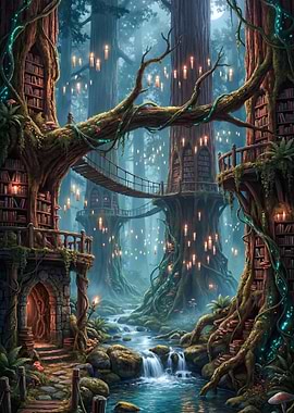 Enchanted Forest Library with River