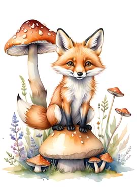 Fox sitting on mushroom watercolor painting