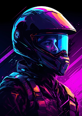 Motorcyclist In Their Helmet, Retrowave Design