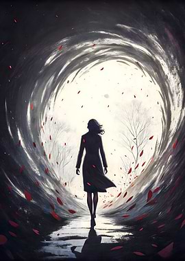 Mystical Tunnel with Red Petals and Woman Silhouette Fantasy Art