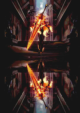 Fiery Sword Reflection in Dark Hallway