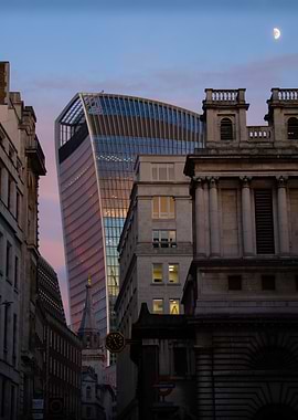 London Cityscape at Dusk with Moon