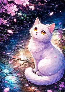 White Cat with Cherry Blossoms
