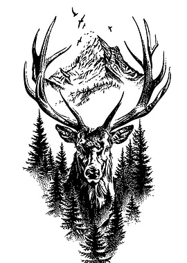 Deer, Forest, and Mountain Illustration