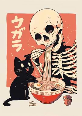 Cute Skeleton Eating Ramen with Black Cat
