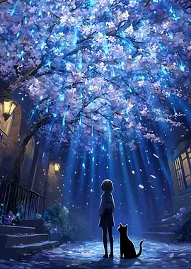 Girl and Cat Under Blooming Tree