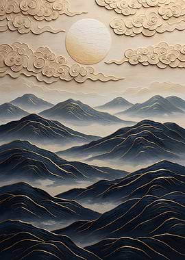 Moon Over Zen Valley – Nature Asie Gilded Zen Relief Art