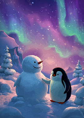 Snowman and Penguin Under Aurora Borealis