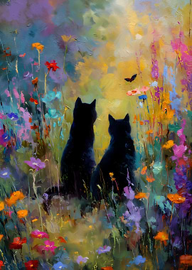 Two Black Cats in a Flower Field