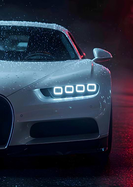 Sleek White Car in the Rain