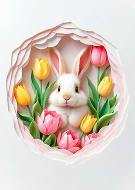 Papercut Easter Bunny with Tulips
